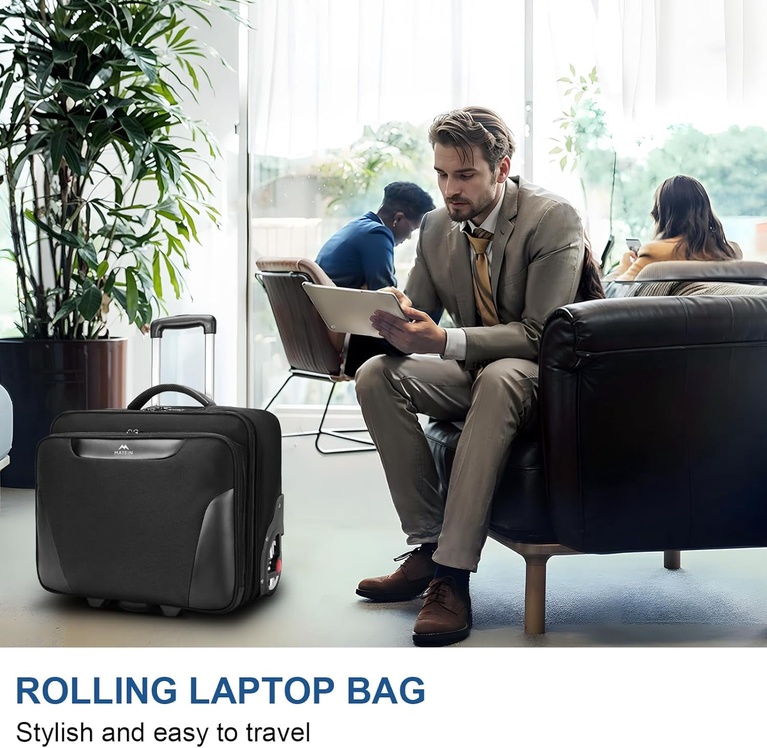 Matein Rolling Laptop Bag for Men, Water-resistant Briefcase with Big Wheels Fits up to 17.3inch Laptop, Black