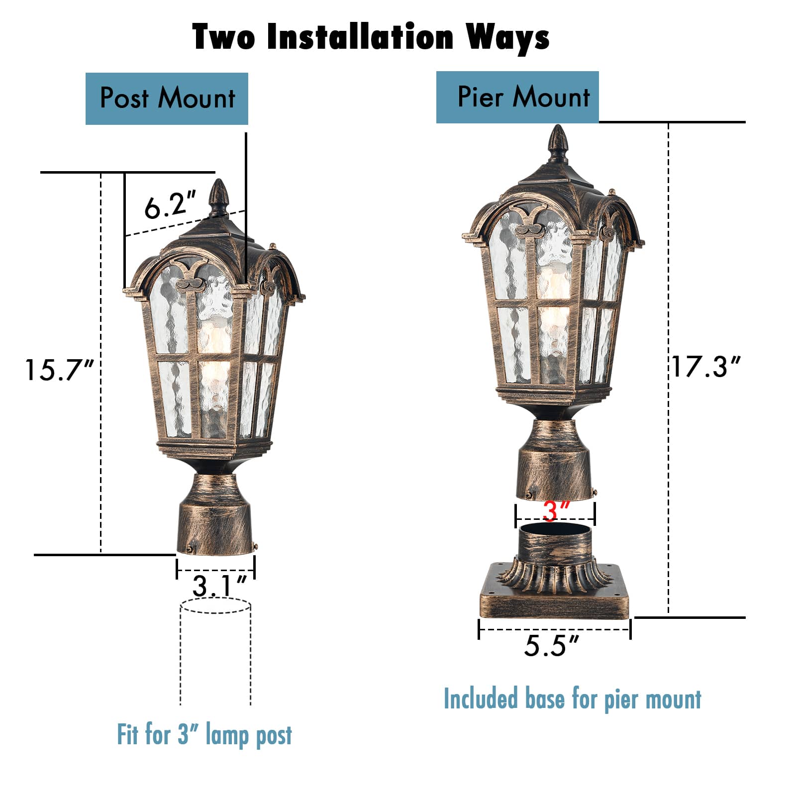 Claxy Bronze Outdoor Post Light Pole Lantern Lamp with Water Glass Shade