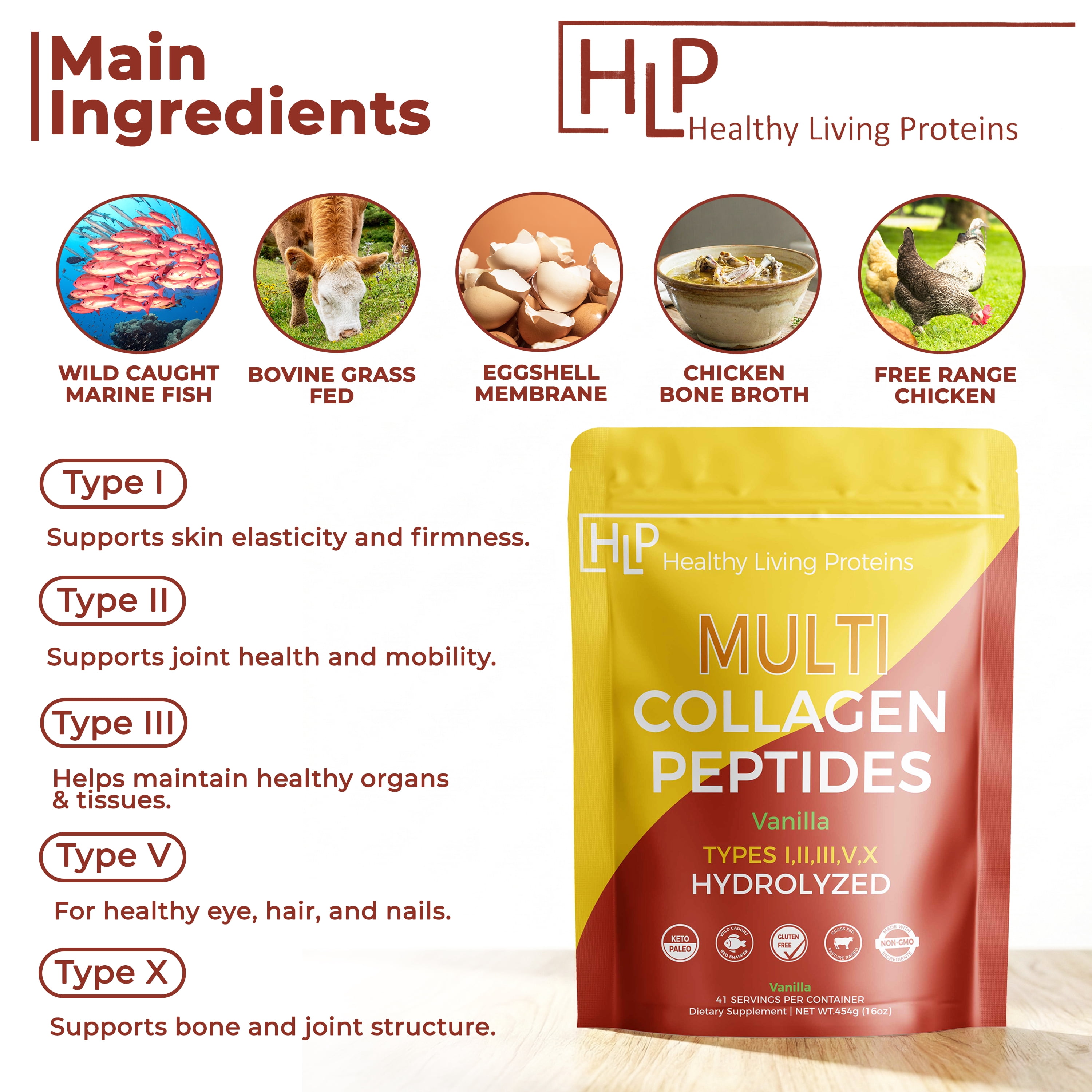 Healthy Living Proteins Multi Collagen Peptides Powder, Vanilla, 1lb