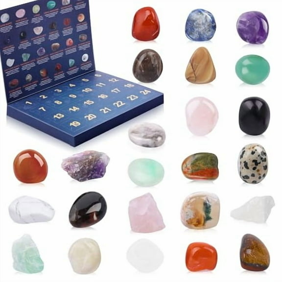 Crystal Advent Calendar 2025 for Kids, 24 Natural Gemstones & Healing Stones Advent Calendar with Geographic Gemstone Rocks and Minerals - Christmas Countdown Gift for Boys, Girls, Teens & Adults