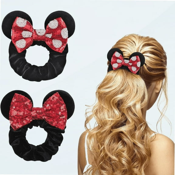 2 Pack Mouse Ears Scrunchies, TEKI Sequin Hair Band Velvet Hair Bows Hair Tie Ponytail Holder Hair Accessories for Women Girls (Red White Spot)