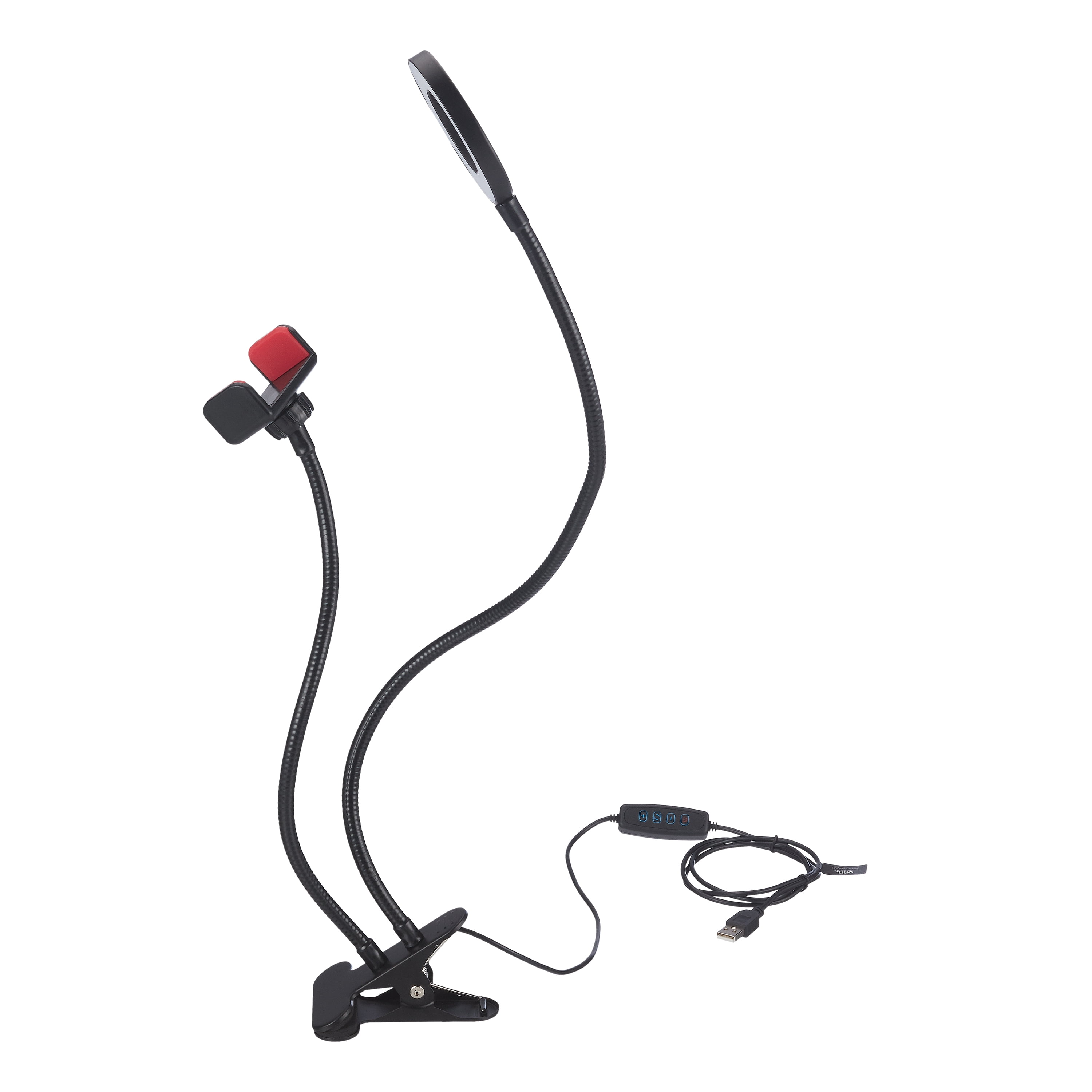 onn. Selfie Lamp with Adjustable Smartphone Holder, Black, 21"
