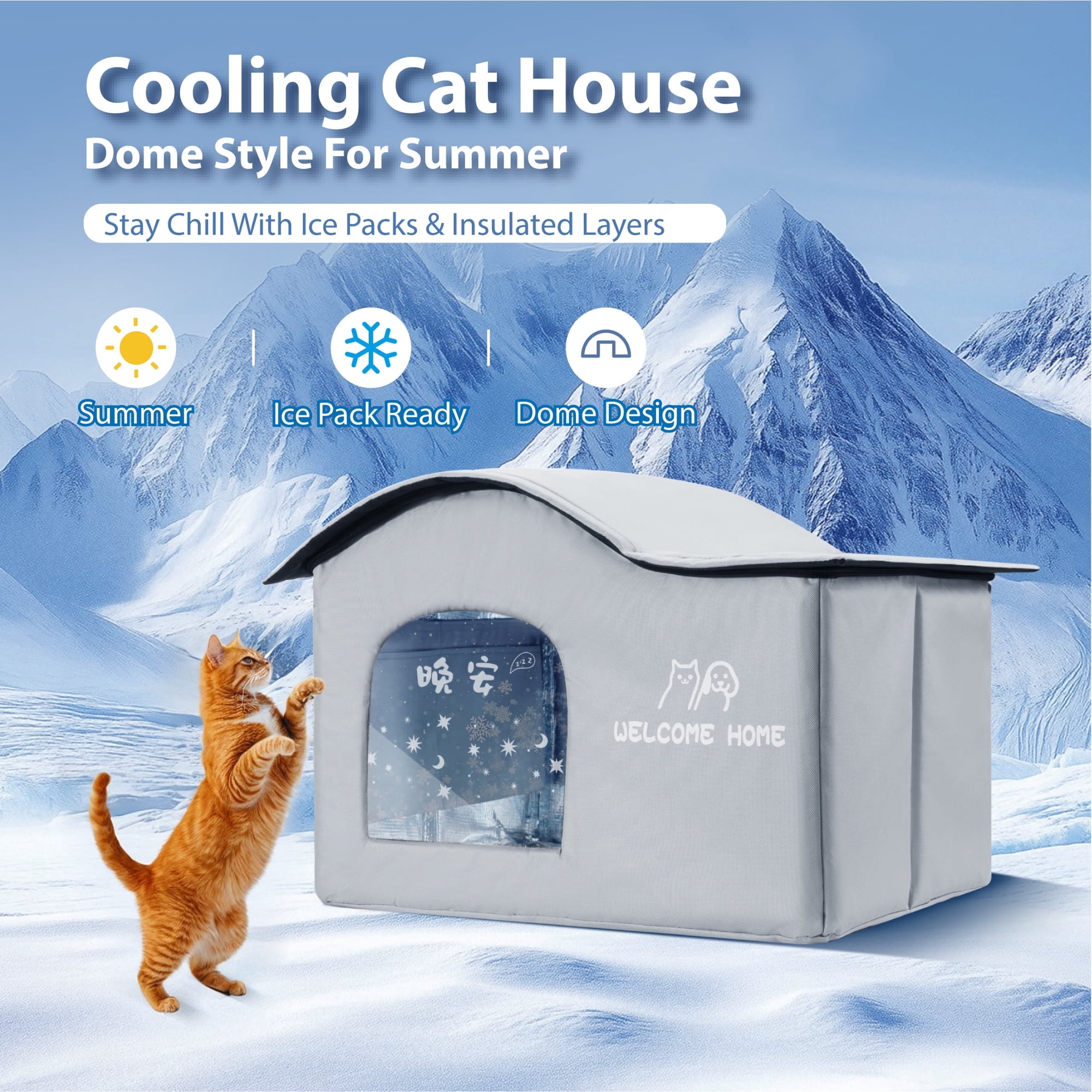 Insulated Cat House for Summer and Winter, Foldable Cooling Shelter with Ice Packs and Reversible Pad, M Size for Pets up to 6.6 lbs