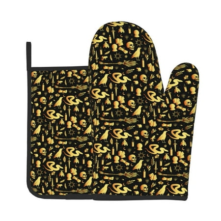 

Zeuib glod Skull snake bird Print Oven Mitt & Pot Holder Set 2-Pack Kitchen Gloves and Hot Pads for Cooking BBQ Grilling Baking