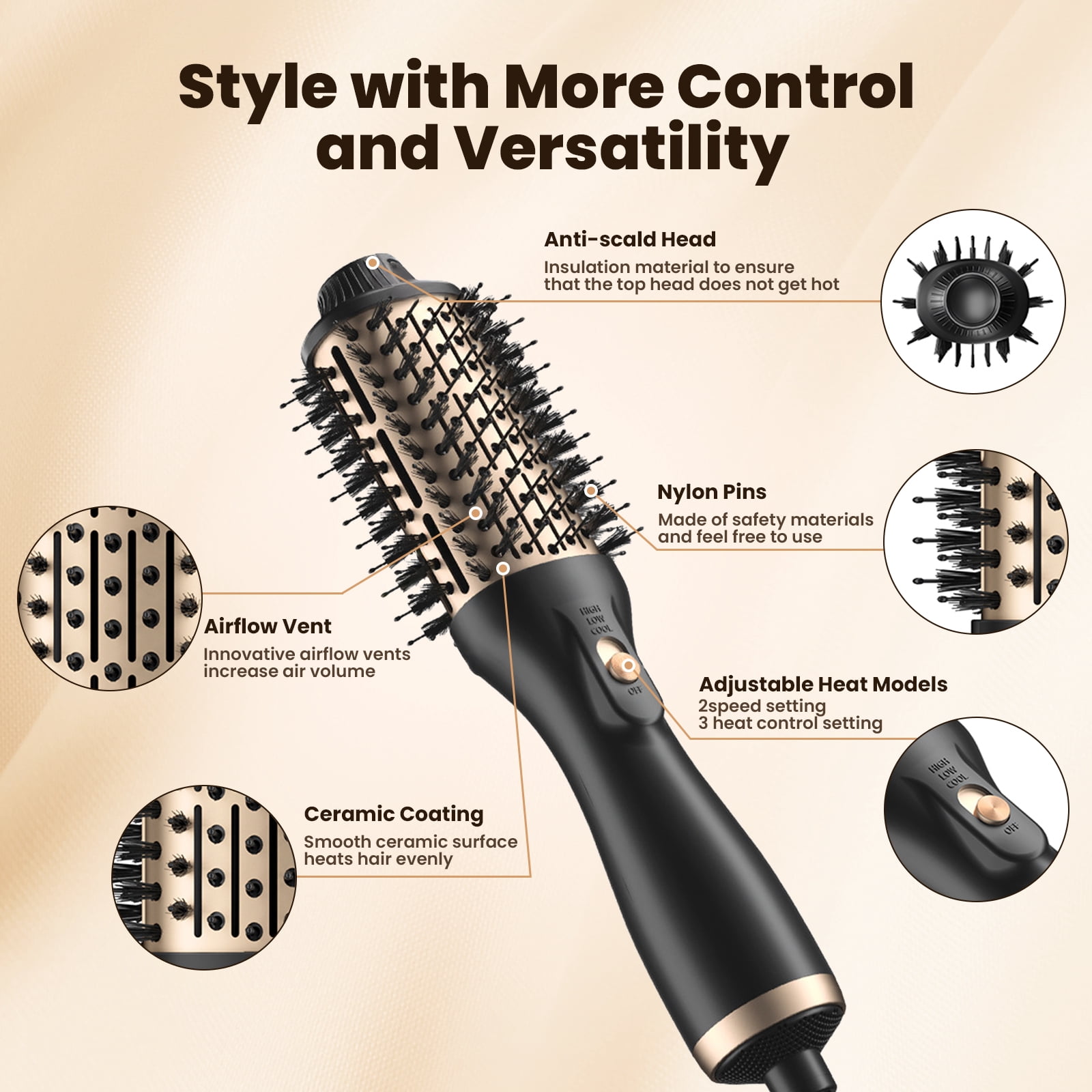 Hair Dryer Brush, Blow Dryer with Negative Ion Anti-Frizz Ceramic Titanium Barrel, Easy & Fast Salon-Style Blowouts, Black Gold