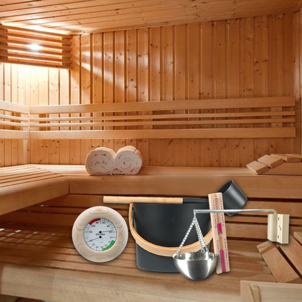 N.R Sauna Bucket Set,7L Luxury Finnish Sauna Aluminum Bucket,Sauna SPA Accessories,with Ladle/Hourglass/Thermometer Hygrometer/Sauna Aroma Oil Cup Kit 