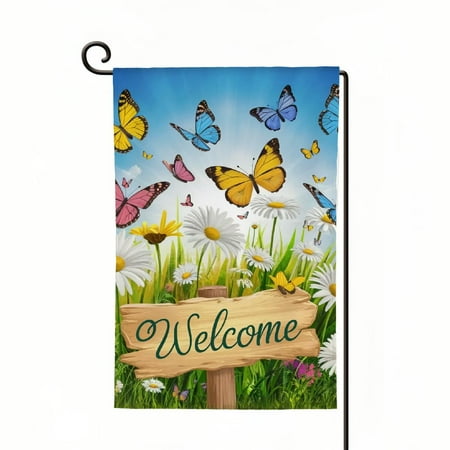 Shangniulu Welcome Spring Daisy Butterfly Garden Flag Double Sided  Floral Flowers Decorative Yard Outdoor Home Decor  Summer Farmhouse Outside House Decoration 12 x 18 White