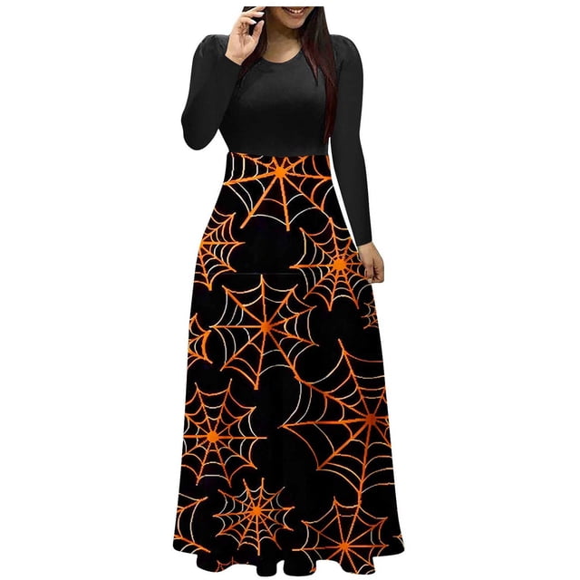 Enjoytime Robe Maxi Femme Hiver Vintage Patchwork Col Rond Manches Longues Robes Gothiques Imprimé Mode Costume de Sorcière Femme Orange G