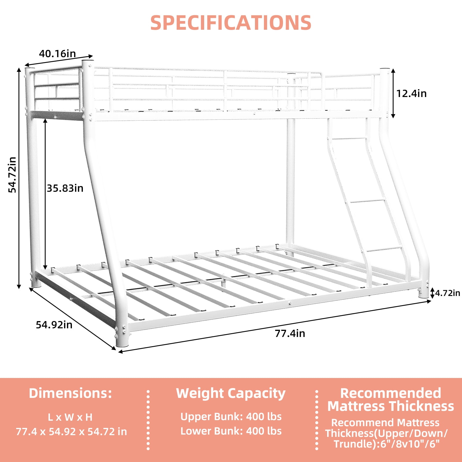 Alvantor Twin over Full Bunk Bed for Kids & Adults Low Metal Heavy-Douty Bunk Beds Frame with Full-Length Guardrails White