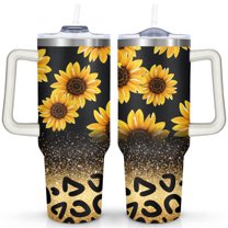 Yellow Leopard-print Sunflower 40 Oz Tumbler with Handle Lid and Straw, Stainless Steel Double Walled Vacuum Insulated Cup, Cute Birthday Gifts Tumbler for Women Men Friends