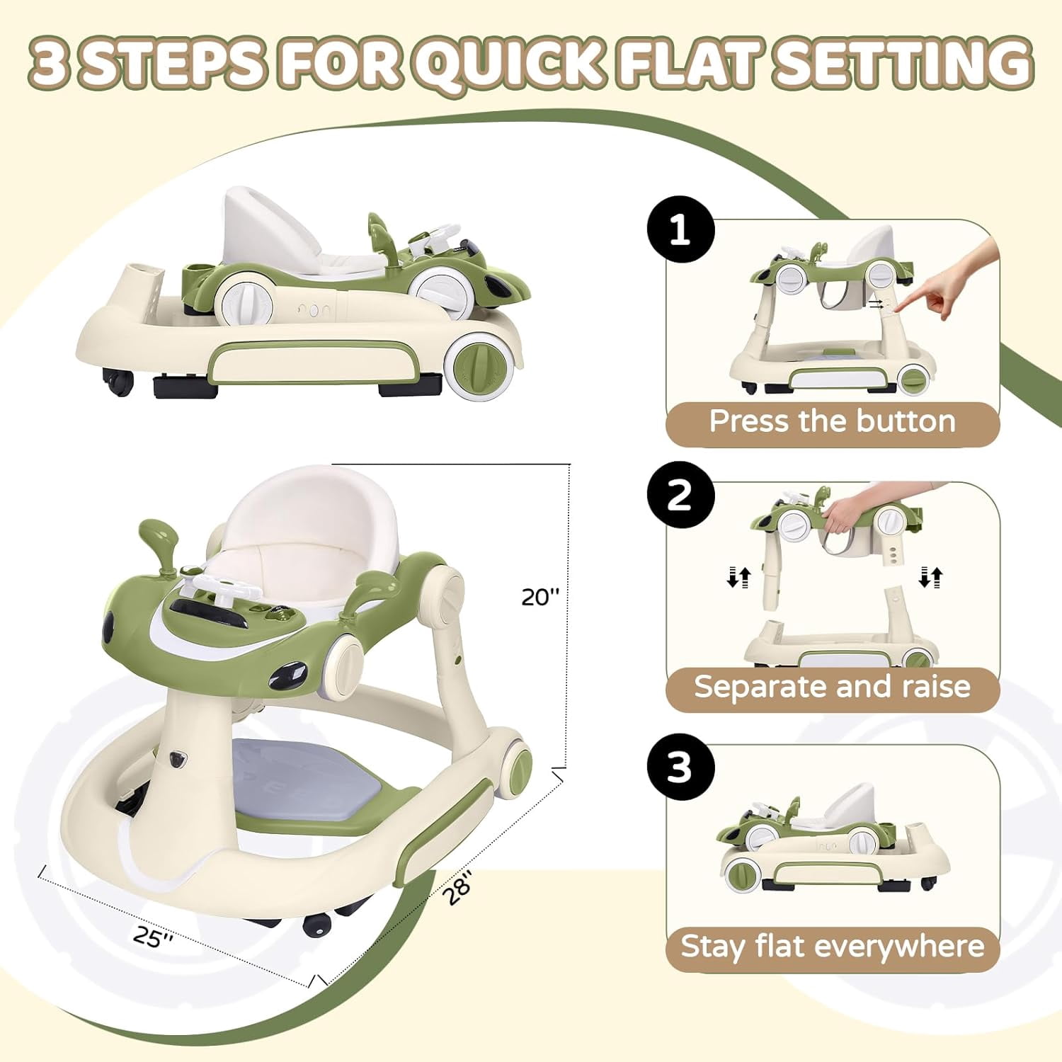5 in 1 Baby Walker for Boys Girls,Foldable,Music,Jumper,Rocking,Push W/ 3 Height Adjustable for Infant 6-18 Months,Bean Green