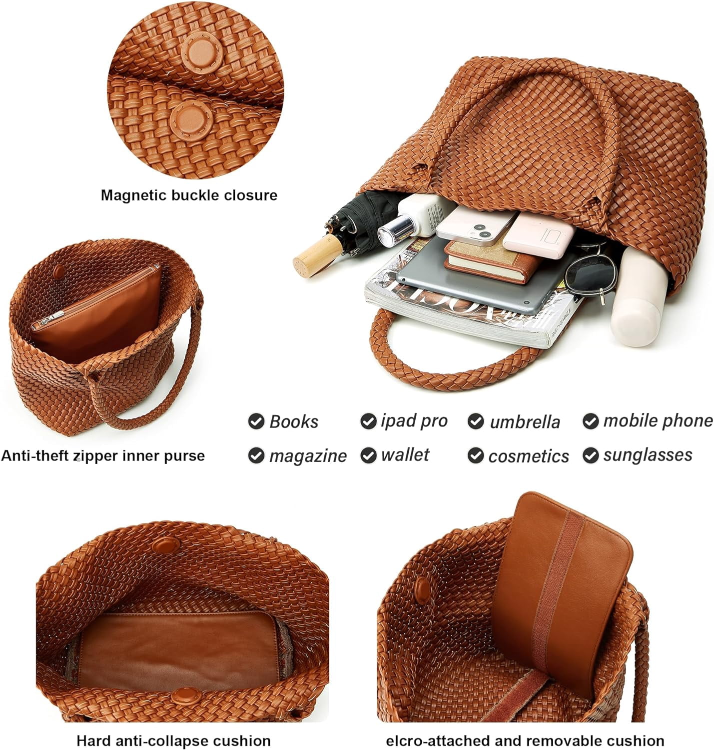 Woven Tote Bag Womens Purse: Vegan Leather Shoulder Handbags - Fashion Summer Beach Tote Bags - Large Travel Totes