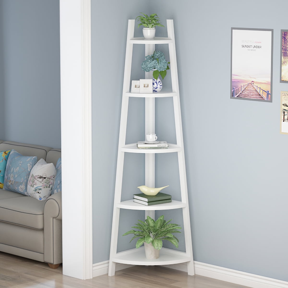 5-Tier Stylish Corner Freestanding Bookcase Shelf Wall Shelving Stan 