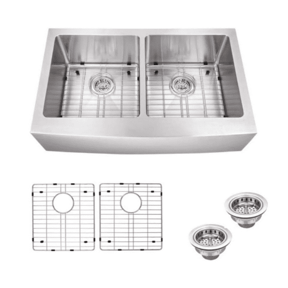 Magnolia Sinks Kitchen Sink Stainless Steel Farmhouse Sink 33"x20"x10" Undermount Sink (33 inch Apron Front Sink 50/50 Double Bowl Sink with Grid Set and Strainers) 16 gauge