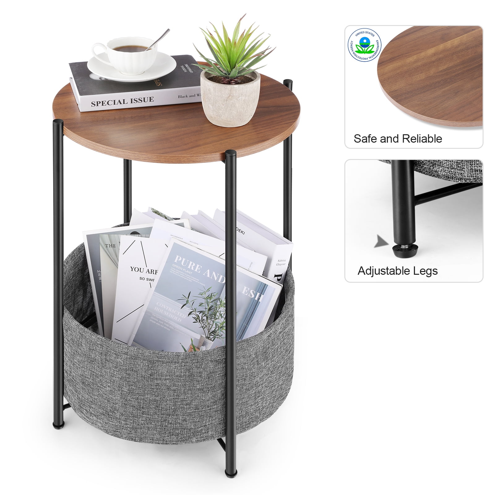 Funcid End Table, 24.5" Round Side Table for Living Room, Bedside Nightstand with Fabric Storage Basket, Wooden Accent Table with Metal Frame, Small Coffee Table