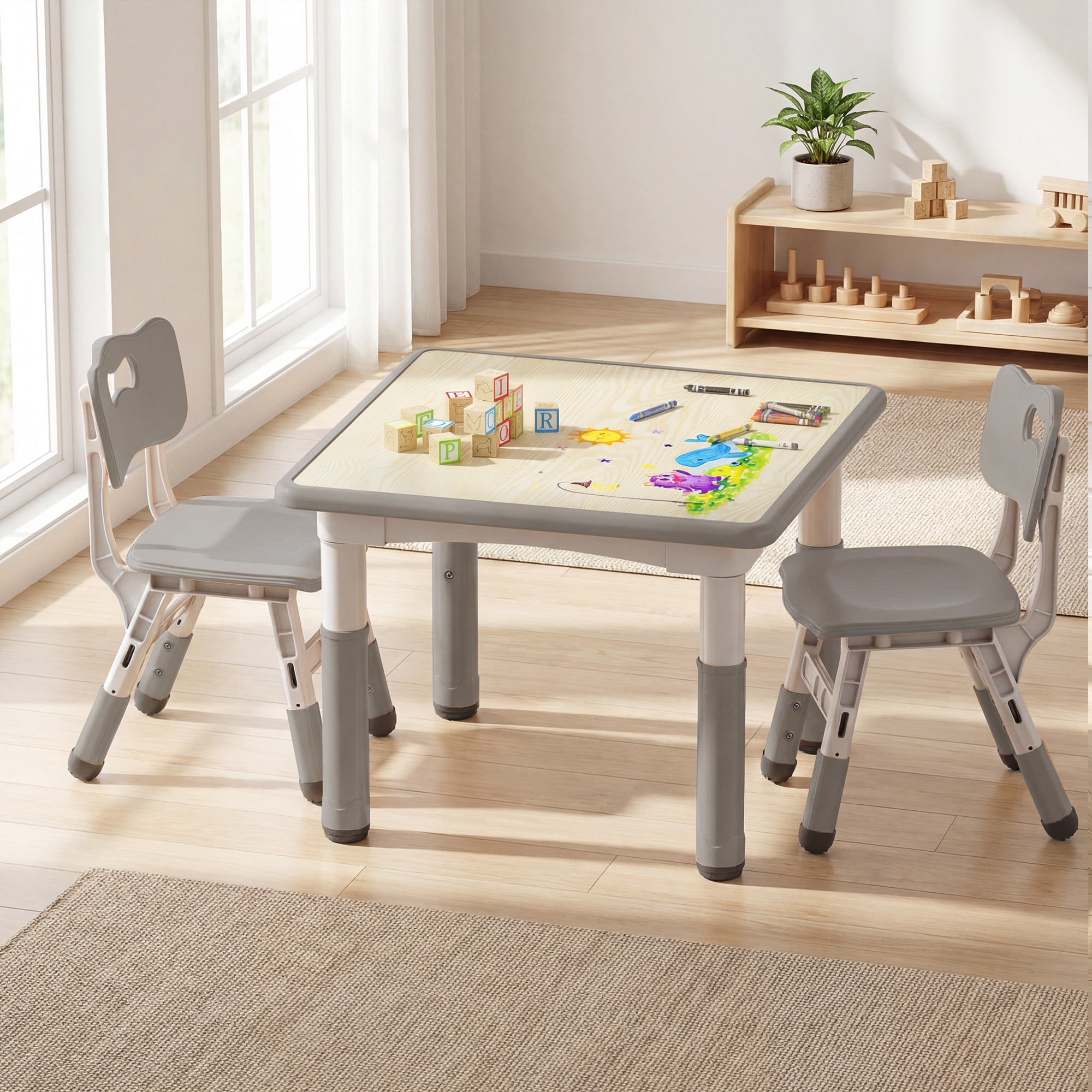 LINLUX Kids Table and 2 Chairs Set, Height Adjustable Table & Chairs, Activity Table for Toddlers, Basic Gray