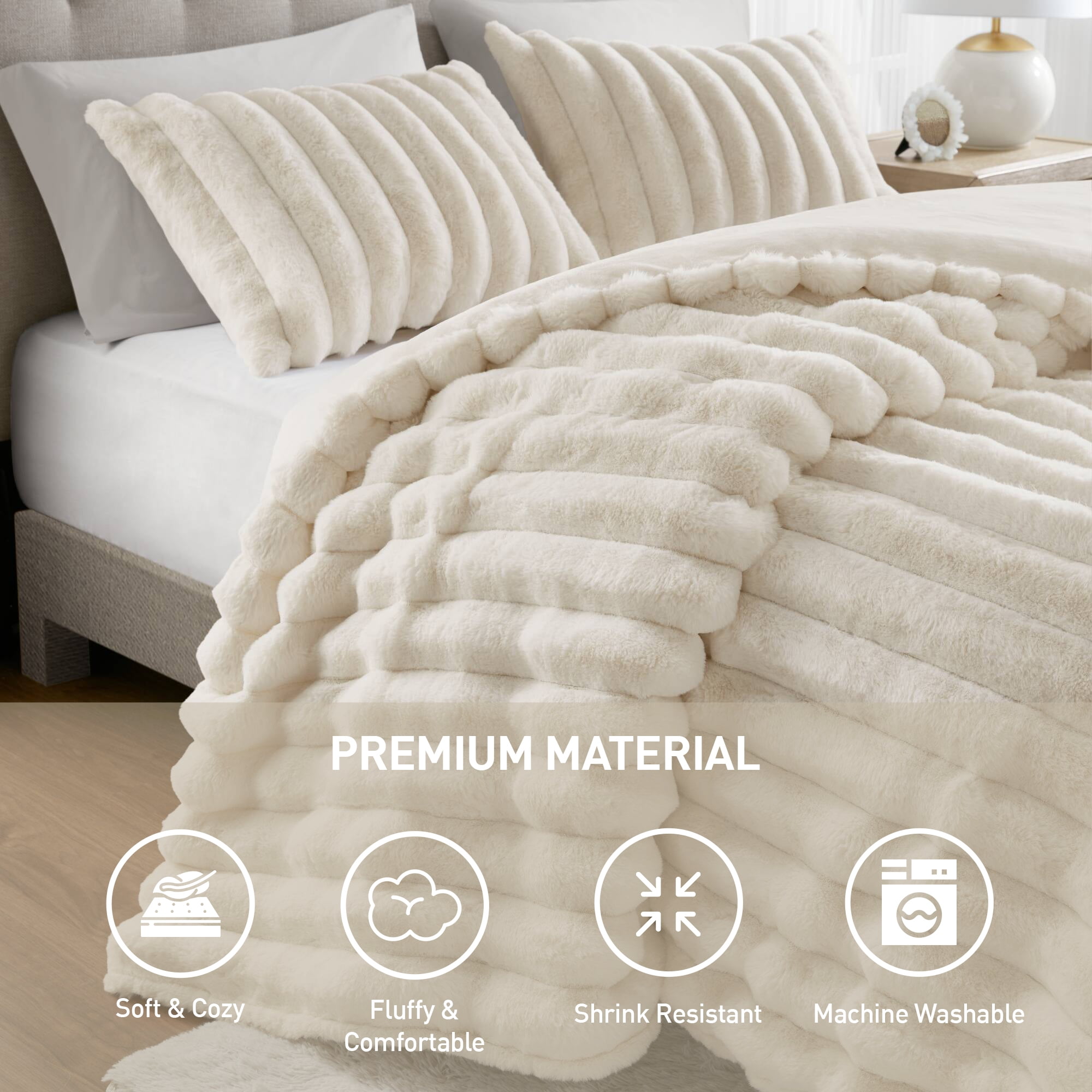 Regency Heights King Size Comforter Sets, Ivory Fluffy Ribbed Plush Bedding Set, 3-Piece Faux Fur Ribbed Bedding Comforter Set