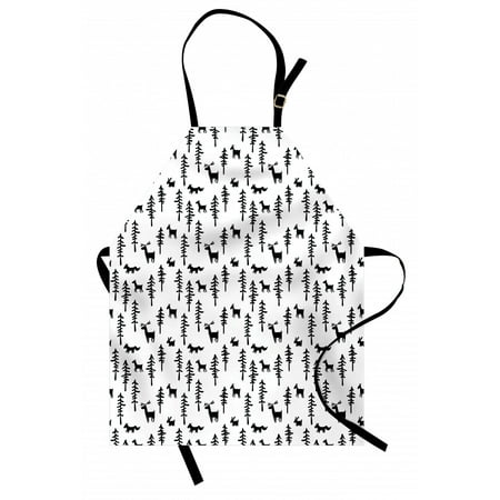 

Forest Apron Christmas Spirit Inspired Sketchy Reindeer Figure Pine Trees Rabbits Animal Design Unisex Kitchen Bib Apron with Adjustable Neck for Cooking Baking Gardening Black White by Ambesonne