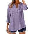 thumbnail image 2 of 3/4 Length Sleeve Womens Cotton Linen Tops Oversized V Neck Button Short Sleeve T Shirts Summer Casual Solid Plus Size Loose Comfy Three Quarter Sleeve Tee Shirt, 2 of 6