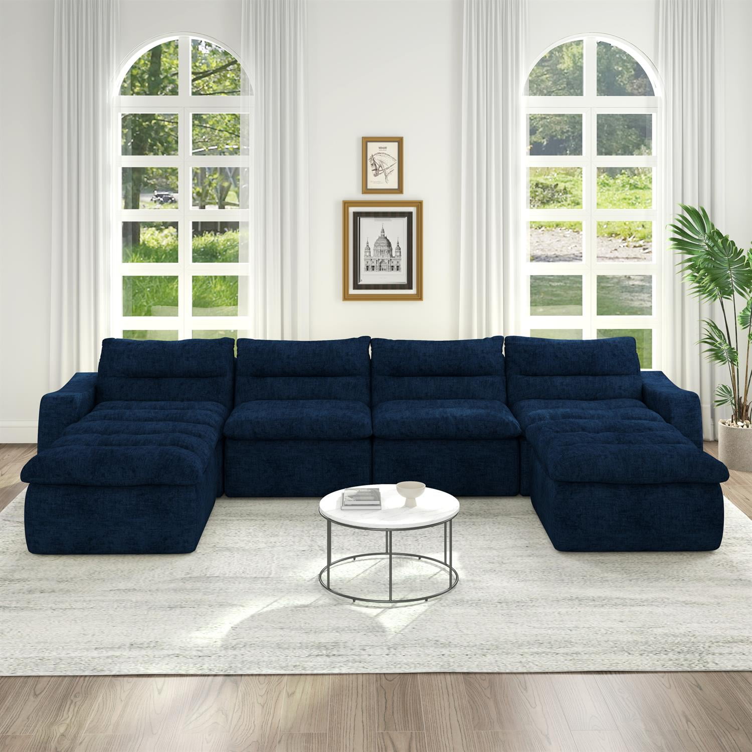 Demi Bonn 150" Modern L-Shaped Modular Sofa, Comfortable Beanbag Style, Stylish Lazy Couch for Living Rooms and Relaxation, Blue