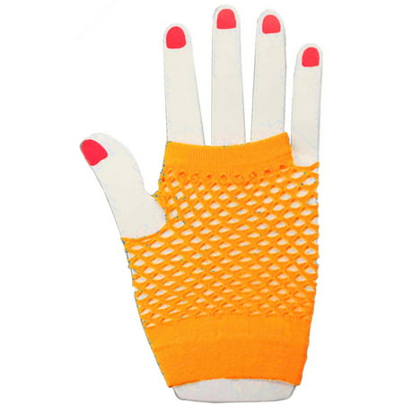 Adults  Neon Orange Fishnet Fingerless 80s Rock Costume Half Gloves