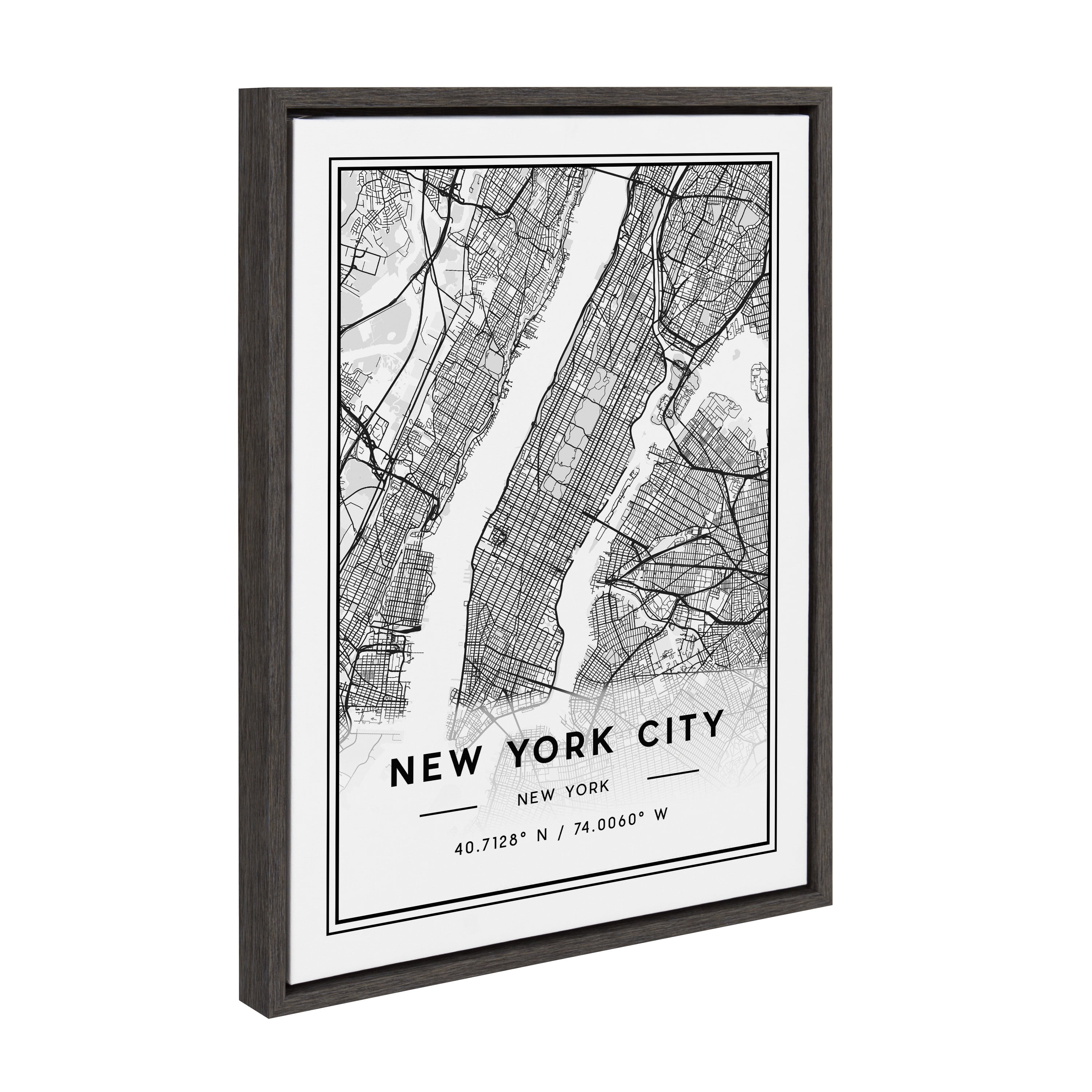 Kate and Laurel Sylvie New York City Modern Map Framed Canvas Wall Art by Jake Goossen, 18x24 Gray, Geographical Map for Wall