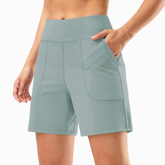 UOCUFY 6''/ 8'' Shorts for Women with 4 Pockets | High Waisted, Long, Soft, Lightweight, Stretch, Athletic, Workout, Running, Walking, Casual, Bermuda Shorts for Summer (Light Green, L)