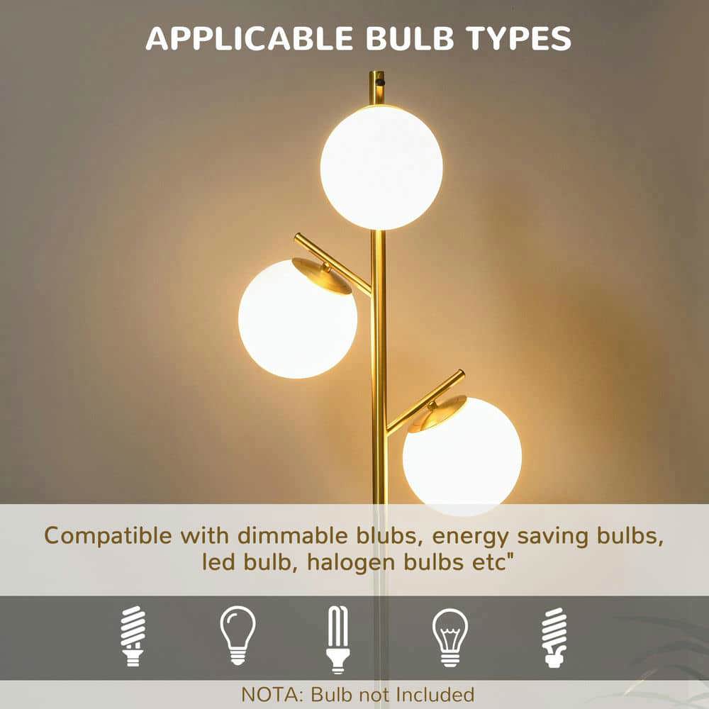 Spaco 10.75"x10.75"x66.5" Modern 3-Light Floor Lamp, Tree Standing Lamp with Globe Lampshades for Indoor as Living Room, Bedroom, Gold