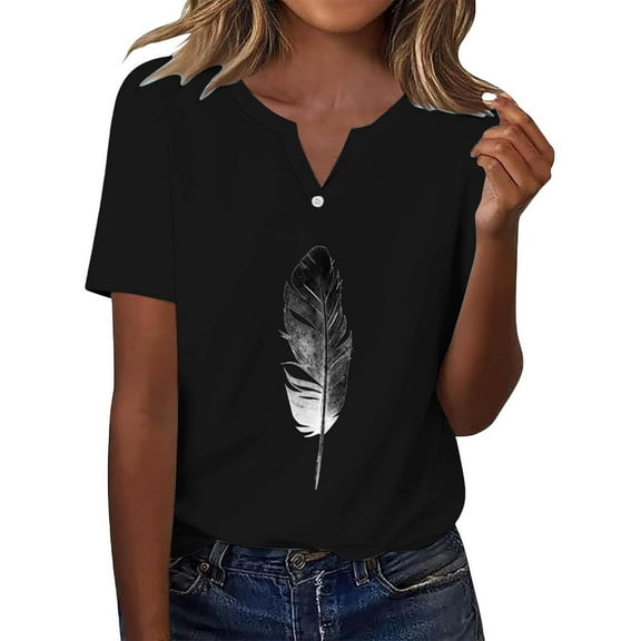 nochalofo Black V-Neck Casual Graphic Tees for Women, Short Sleeved T Shirt Top Fashionable Casual Short Sleeved Shirt