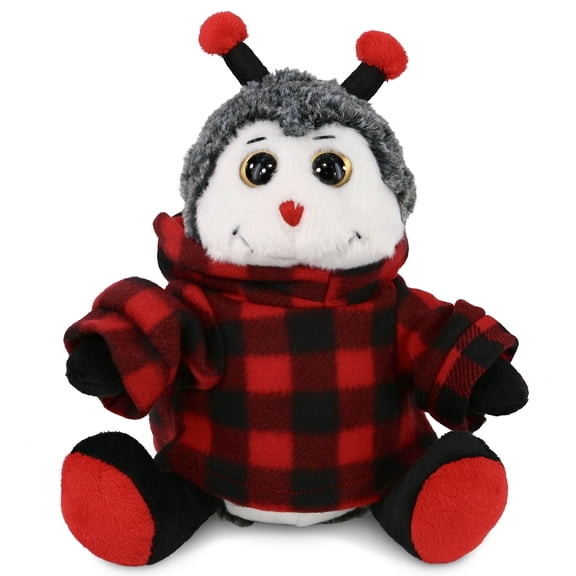 DolliBu Super Soft Sitting Ladybug Stuffed Animal with Plaid Red Hoodie Sweater - Cute Ladybug Plush Lumberjack Stuffed Toy with Plaid Jacket Dress Up for Christmas, Holiday, Winter - 9 Inches