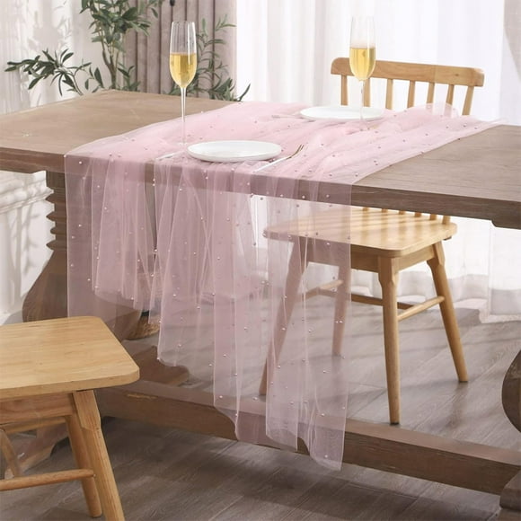 Pearl Table Runner,Pearl Table Cloth Wedding Table Runner Decor,Fabric Romantic Pearl Lace Tablecloth for Events Embroidered Sheer Wrinkle Free White Dessert Table Cloth Chiffon Tulle White