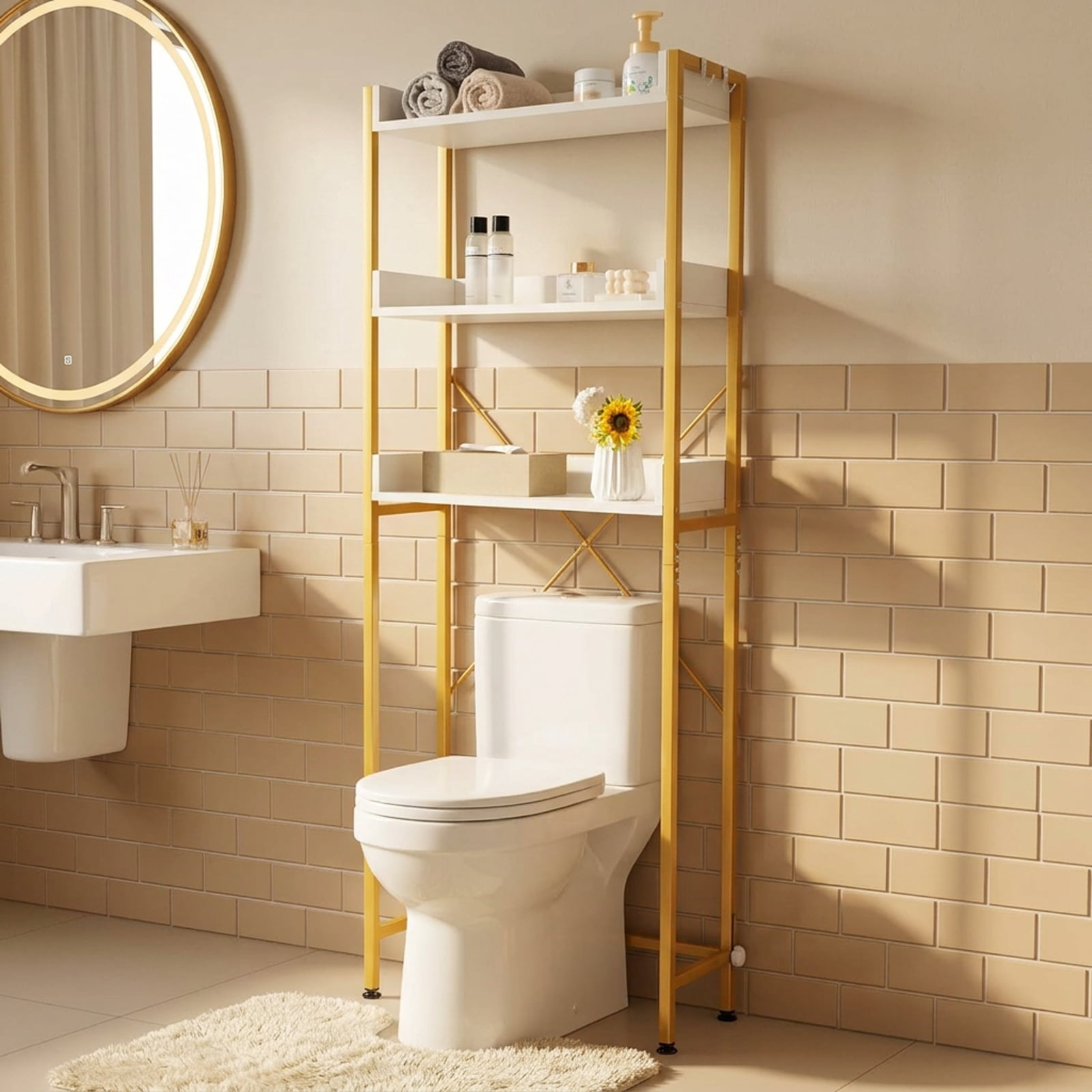 SUGIFT Over the Toilet Storage Rack with 4 Side Hooks 3 Tier Open Shelves Adjustable Bottom Bar Rustproof Metal Frame and X Shaped Structure, White
