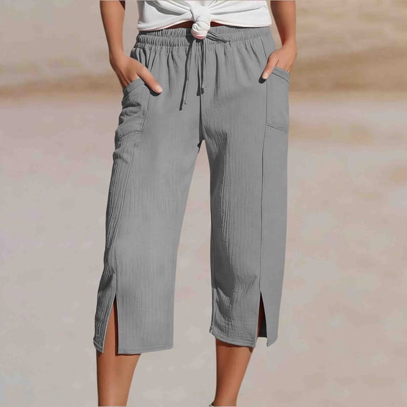 Xucatan Womens Drawstring Capris, Solid Crinkled Linen Blend 3/4 Pants, Elastic Waist Casual Cropped Trousers with Pockets, Side Split Hem Bottoms Gift
