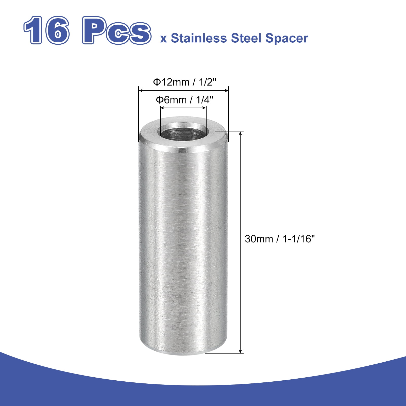 16Pcs 304 Stainless Steel Spacer 12mm OD x 6mm ID x 30mm Length for M6 Screw
