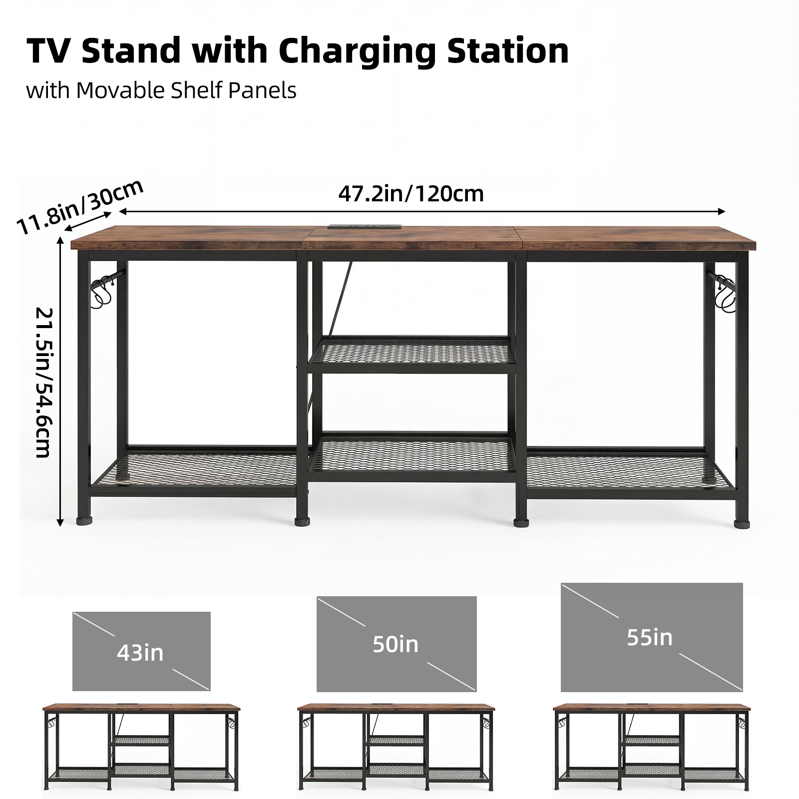 Tomnk TV Stand for 55 Inch TV, Entertainment Center with Power Outlet and Open Storage Shelves, Media Console Table for Living Room and Bedroom, Rustic Brown