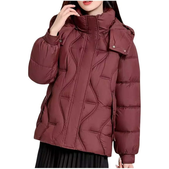 Paiwinds Women's Solid Color Winter Hooded Thick Casual Cotton Jacket with Long Sleeves, Warm Puffer Coat for Cold Weather Daily Wear