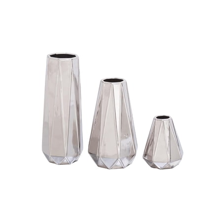 CosmoLiving by Cosmopolitan 13", 11", 6"H Geometric Faceted Silver Ceramic Vase, Set of 3