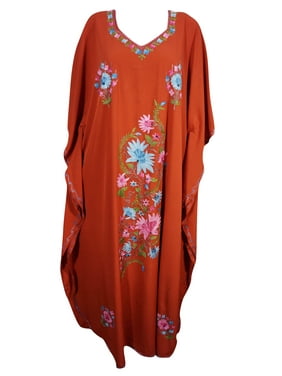 Mogul Womens Bright Red Kimono Kaftan Dress Beautiful Hand Embroidered Stylish Resort Wear Maxi Long Caftan One Size