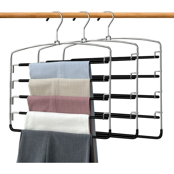 Pants Hangers 3 Pack, Swing Arm Trousers Hanger, Space Saving Pants Rack, 5 Layers Jeans Hangers with Non-Slip, Multiple Pants Hanger Closet Organizer By Wattne for Trousers Scarves Ties