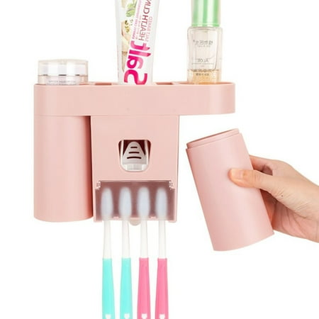 Toothbrush Holder Cup Toothbrush Holder Multifunctional Strong Adhesive Wall Mounted Toothbrush Kit 4 Toothbrush Holders, Automatic Toothpaste Dispenser & Two Cups for Bathroom(Pink) ()