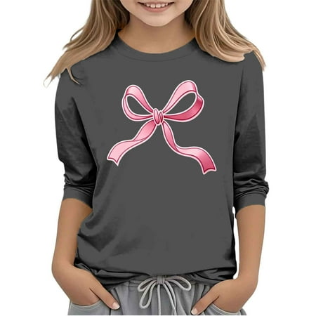 Fesfesfes Boys Girls Casual 3/4 Sleeve Round Neck Pullover Top Cute Print Crewneck Shirt for Kids Children Youth Tops Outfit Soft Breathable Comfortable Daily Wear(Dark Gray 13-14 Years)