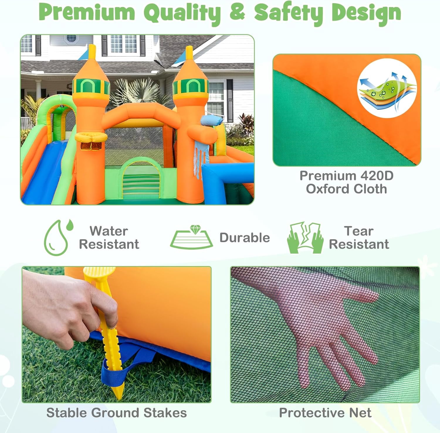 OLAKIDS Inflatable Water Slide, 9 in 1 Bounce House Water Park with Soccer Gate 2 Slides Splash Pool Water Blaster Basketball Rim, Outdoor Inflatable Obstacle Course for Kids Backyard (Without 735W)