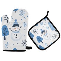 Yayeee Oven Mitts and Pot Holder Set of 2 Heat Resistant Kitchen Gloves Baking Hot Pad, Simple Cartoon Snowmen