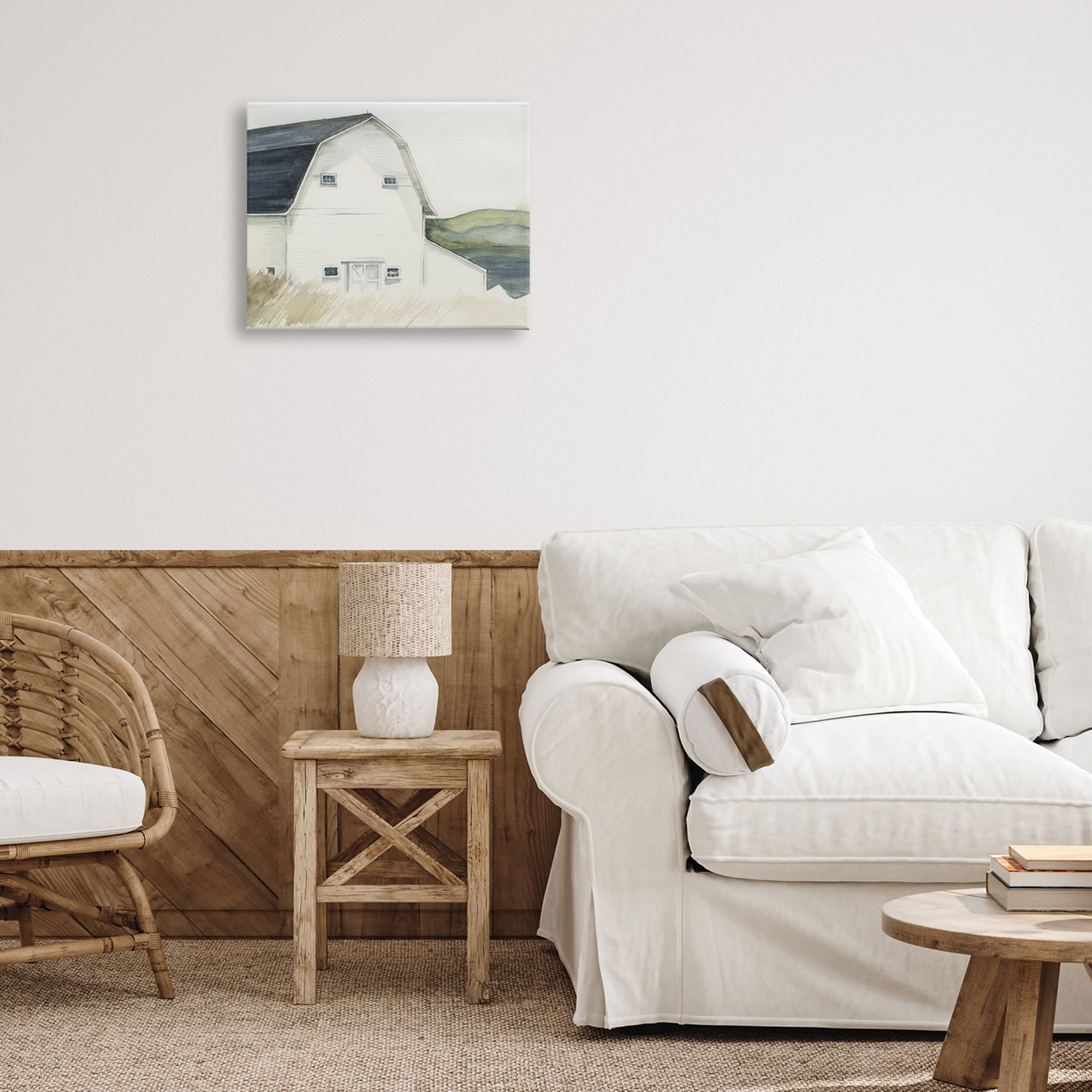 Stupell Industries White Farmhouse Barn Rural Grassland Countryside Farmhouse Painting Gallery-Wrapped Canvas Print Wall Art, 20 x 16, Design by Jennifer Paxton Parker