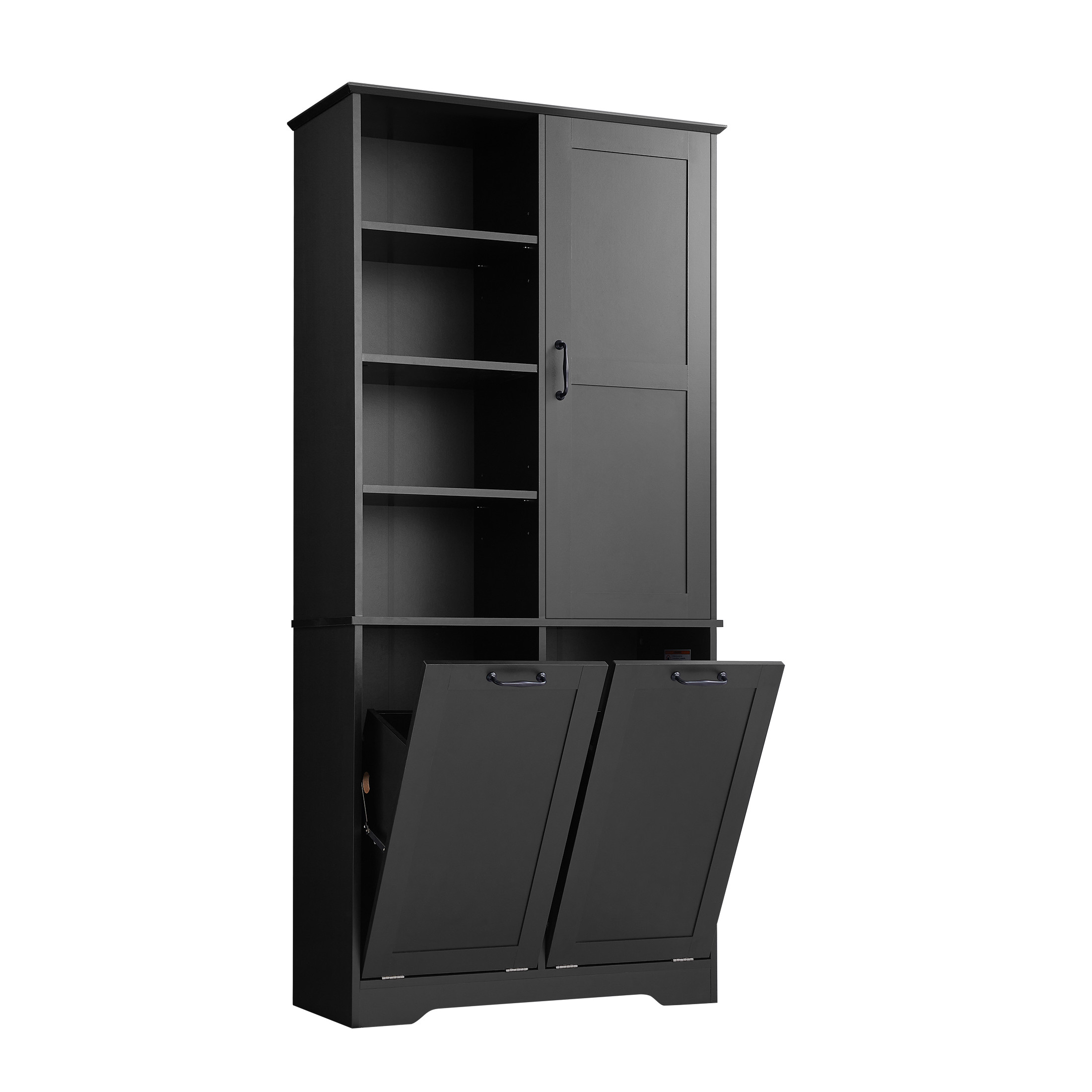 GDF Studio 68" Bathroom Storage Cabinet with Doors and Drawers, Tilt-Out Laundry Hamper, Open Shelves, Black