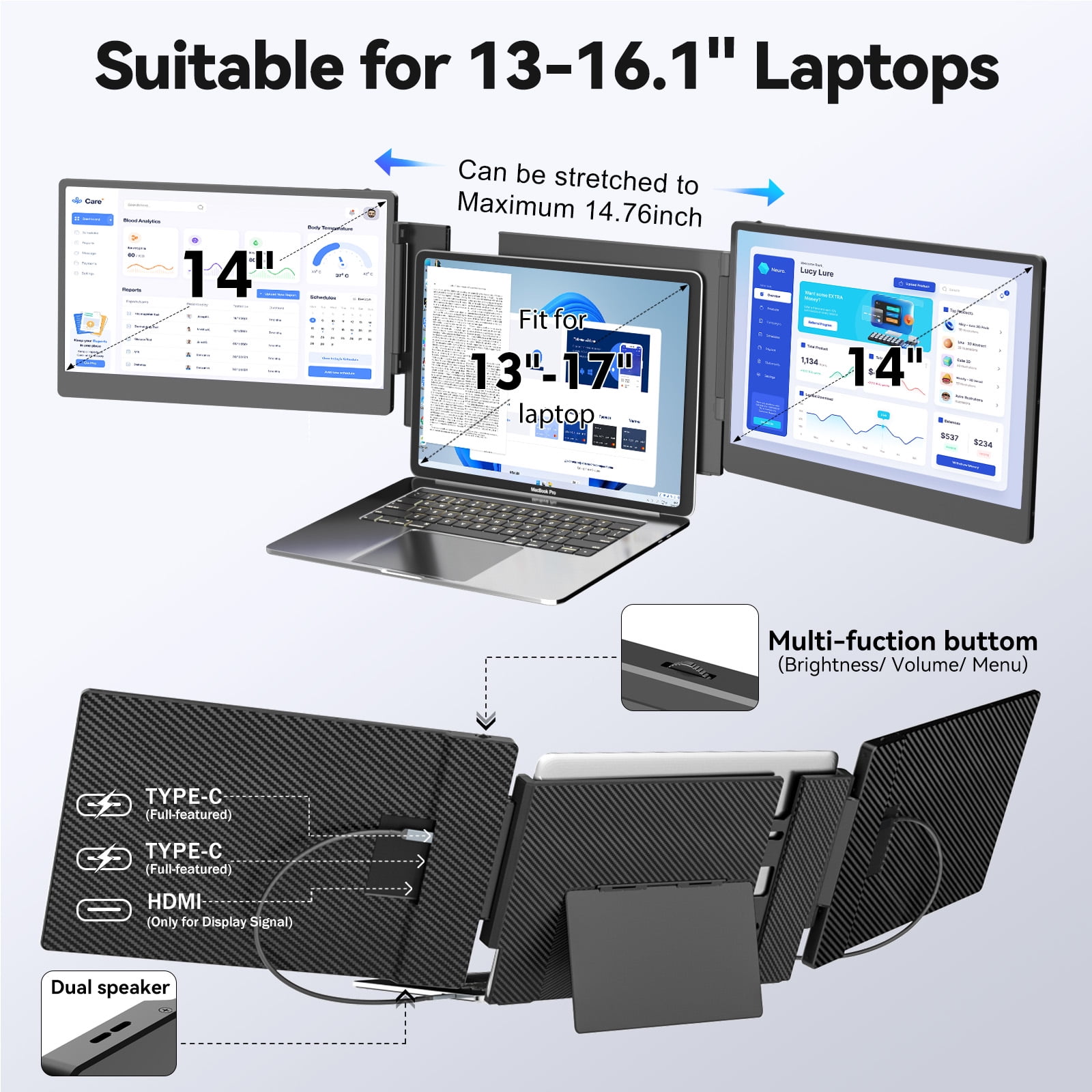 Laptop Screen Extender, 14" FHD 1080P IPS Laptop Monitor for Laptop , Built-in Stand, Portable Dual Second Monitor Fit HDMI/USB-A/Type-C Plug & Play for Wins/Mac/Switch