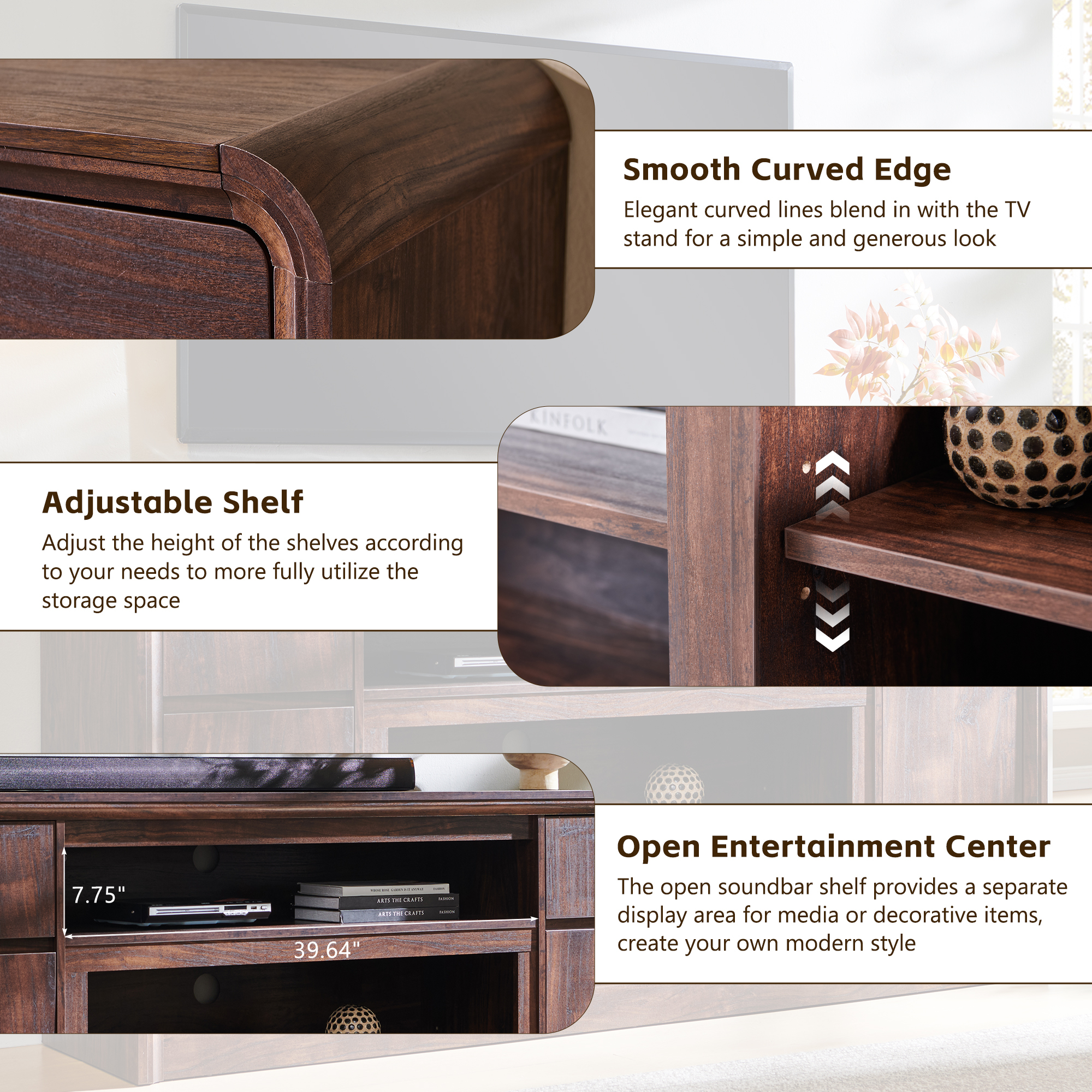 70" Modern TV Stand for TVs Up to 80 inch, 32" Tall Entertainment Center, Wood Media Console & Adjustable Shelves for Living Room, Curved Profile Design