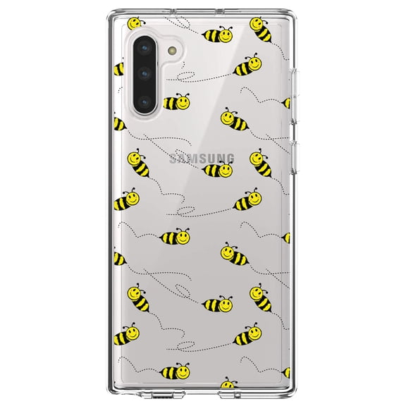 DistinctInk Clear Shockproof Hybrid Case for Samsung Galaxy Note 10 (6.3" Screen) - TPU Bumper, Acrylic Back, Tempered Glass Screen Protector - Repeating Bumble bees