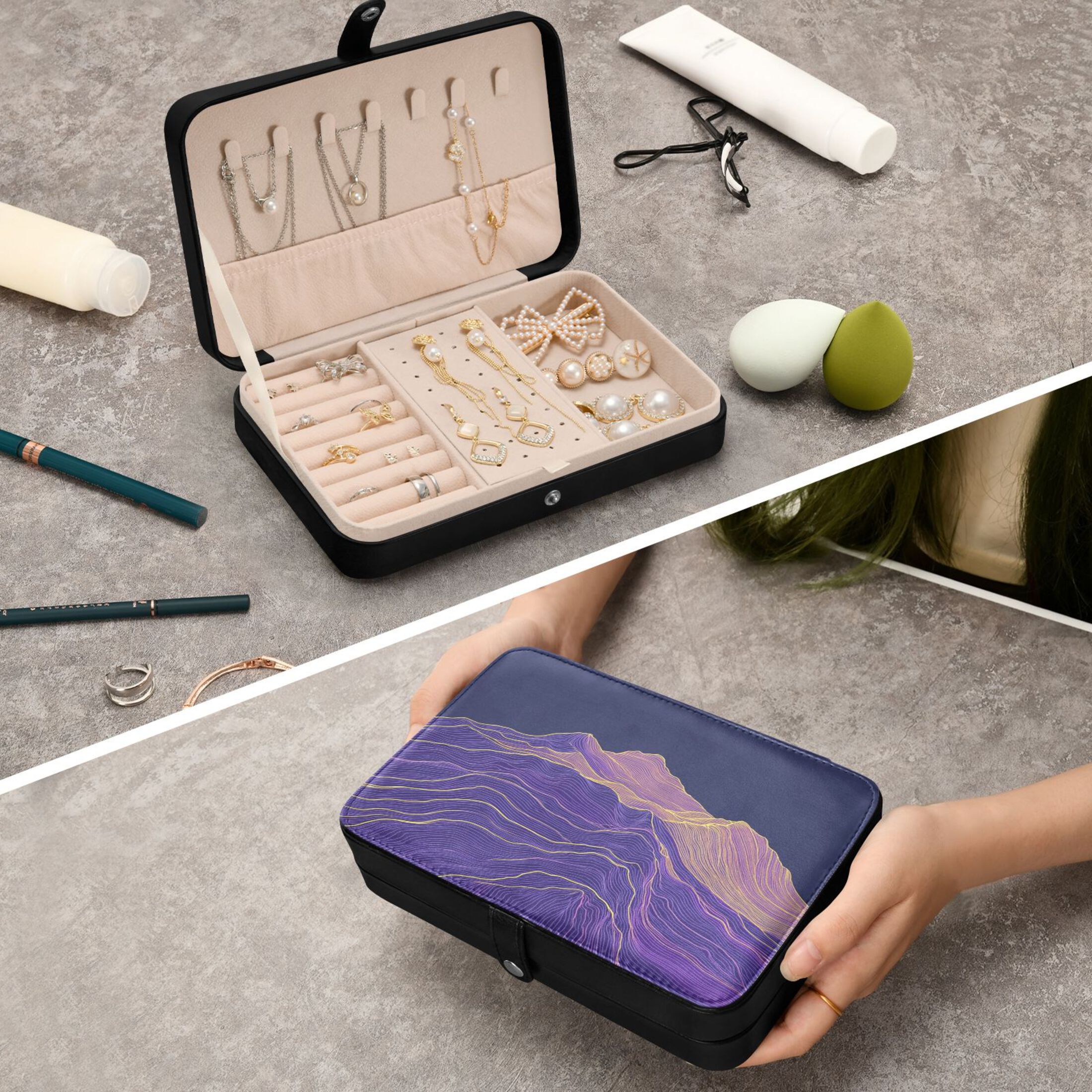 Leather Jewelry Box Rectangular 8.27x5.5x1.78In Travel Jewelry Storage Earrings Necklace Bracelet Watch Brooch Storage Purple Line Mountain