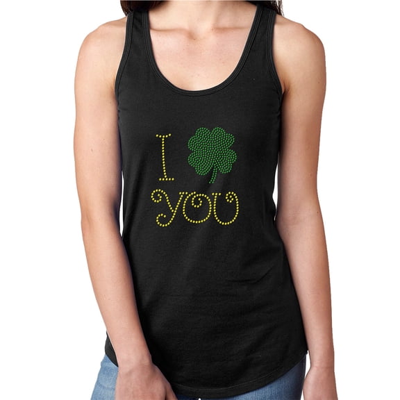Womens T-Shirt Rhinestone Bling Black Tee I Irish You Shamrock Love Tank Racer Back Small